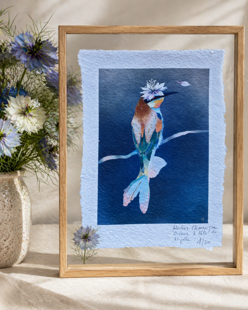 Illustration précieuse d'une chimère avec des fleurs de nigelle, corps d'oiseau queue de poisson
